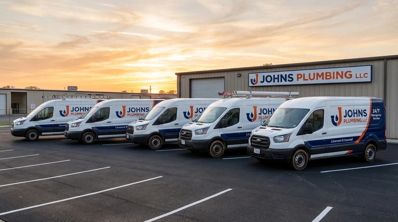 Johns Plumbing LLC fleet of service vans ready for dispatch across North Carolina